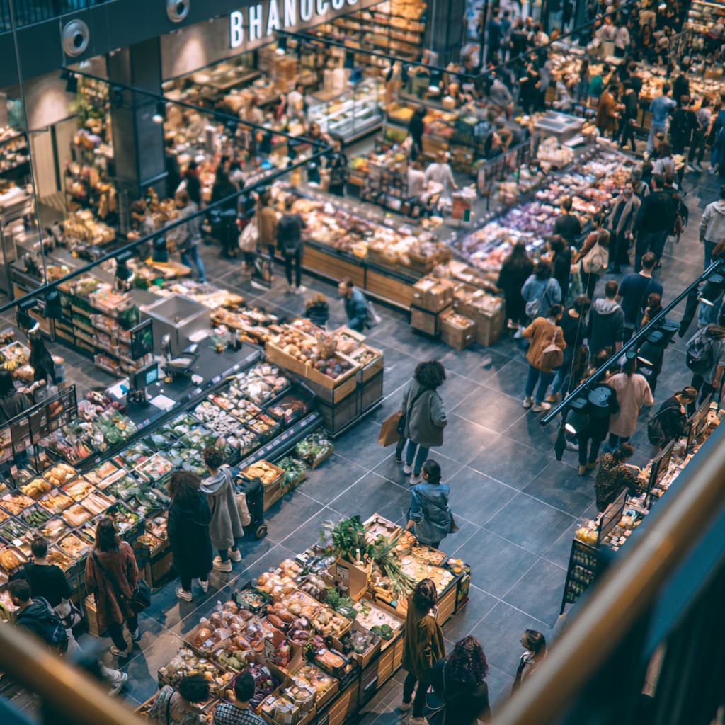 Overhead camera view of a busy grocery store used for operations analytics